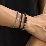 3-teiliges Armband-Set aus Labradorit-Stahl und Leder