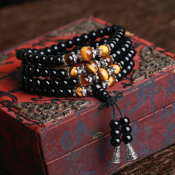Tibetan mala with 108 stone beads, onyx, tiger's eye or red agate