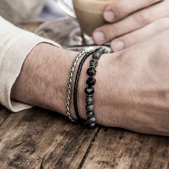 Labradorite steel & leather 3-piece bracelet set