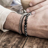Labradorite steel &amp; leather 3-piece bracelet set