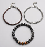 Labradorite steel &amp; leather 3-piece bracelet set